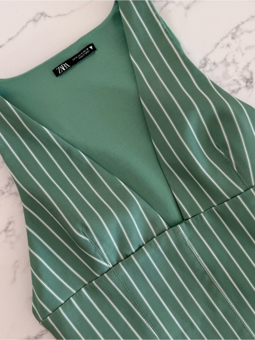 Zara Striped Low Cut Sleeveless Vest Top - Green / White - Size Medium - Picture 3 of 12